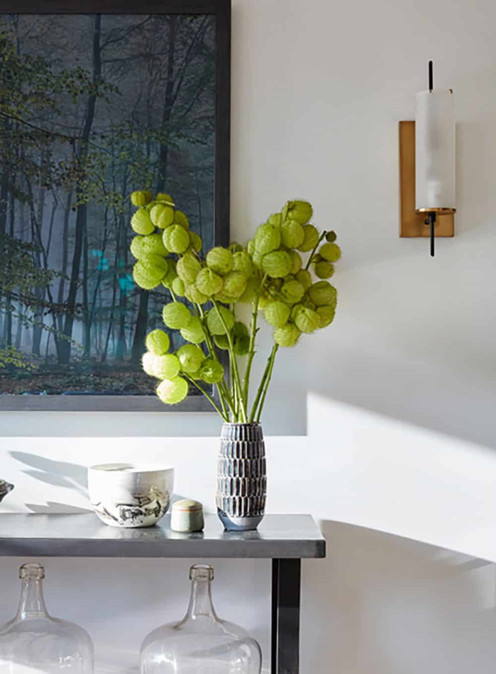 urban farmhouse dining room console table with large-framed artwork
