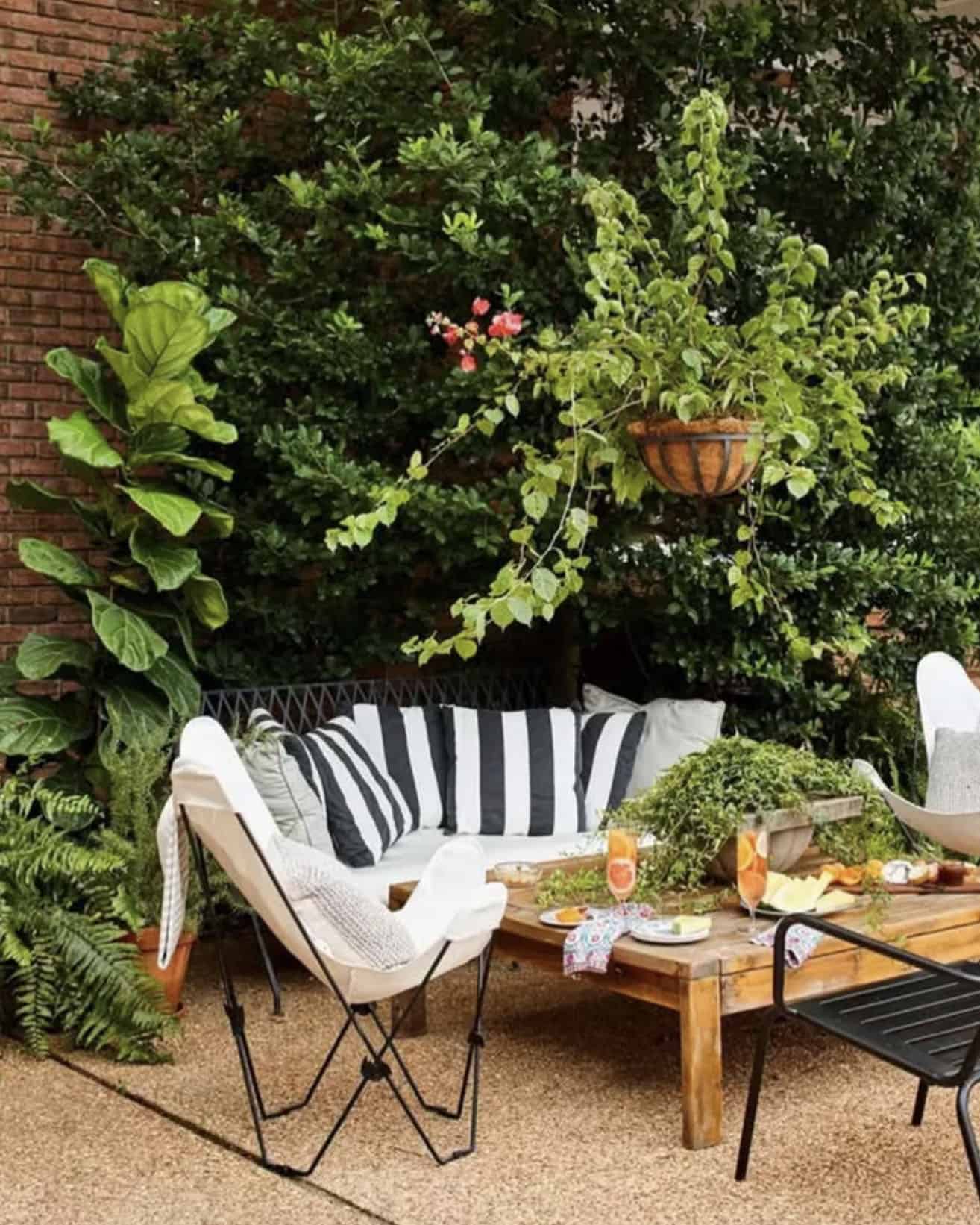 vertical garden backdrop with outdoor furniture