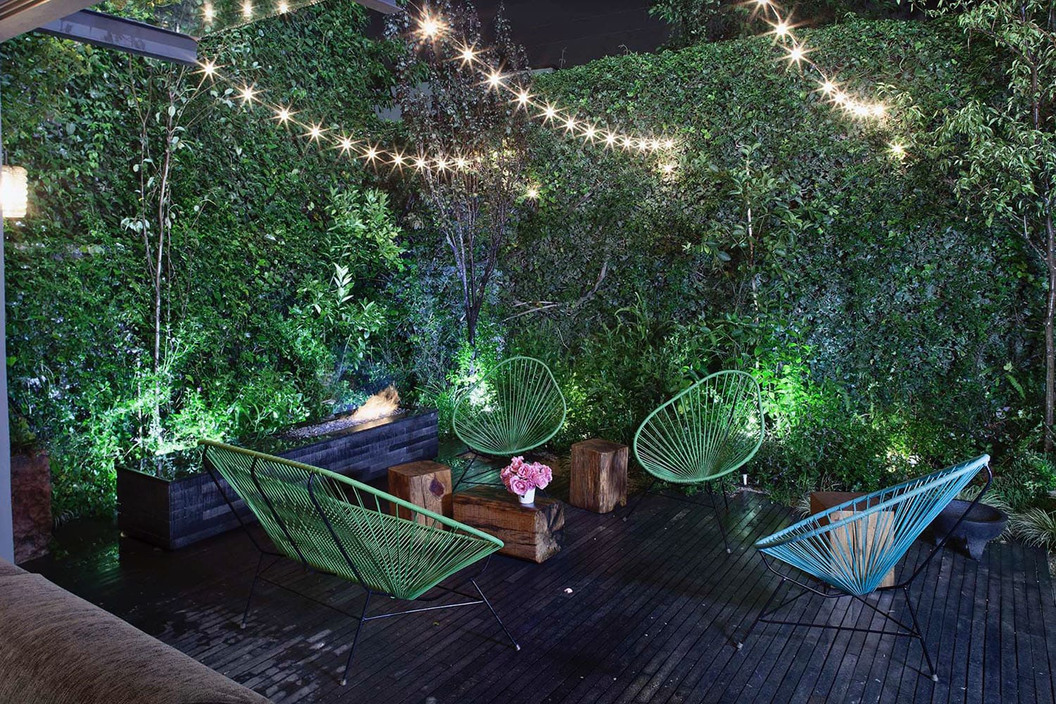 small patio with string lights
