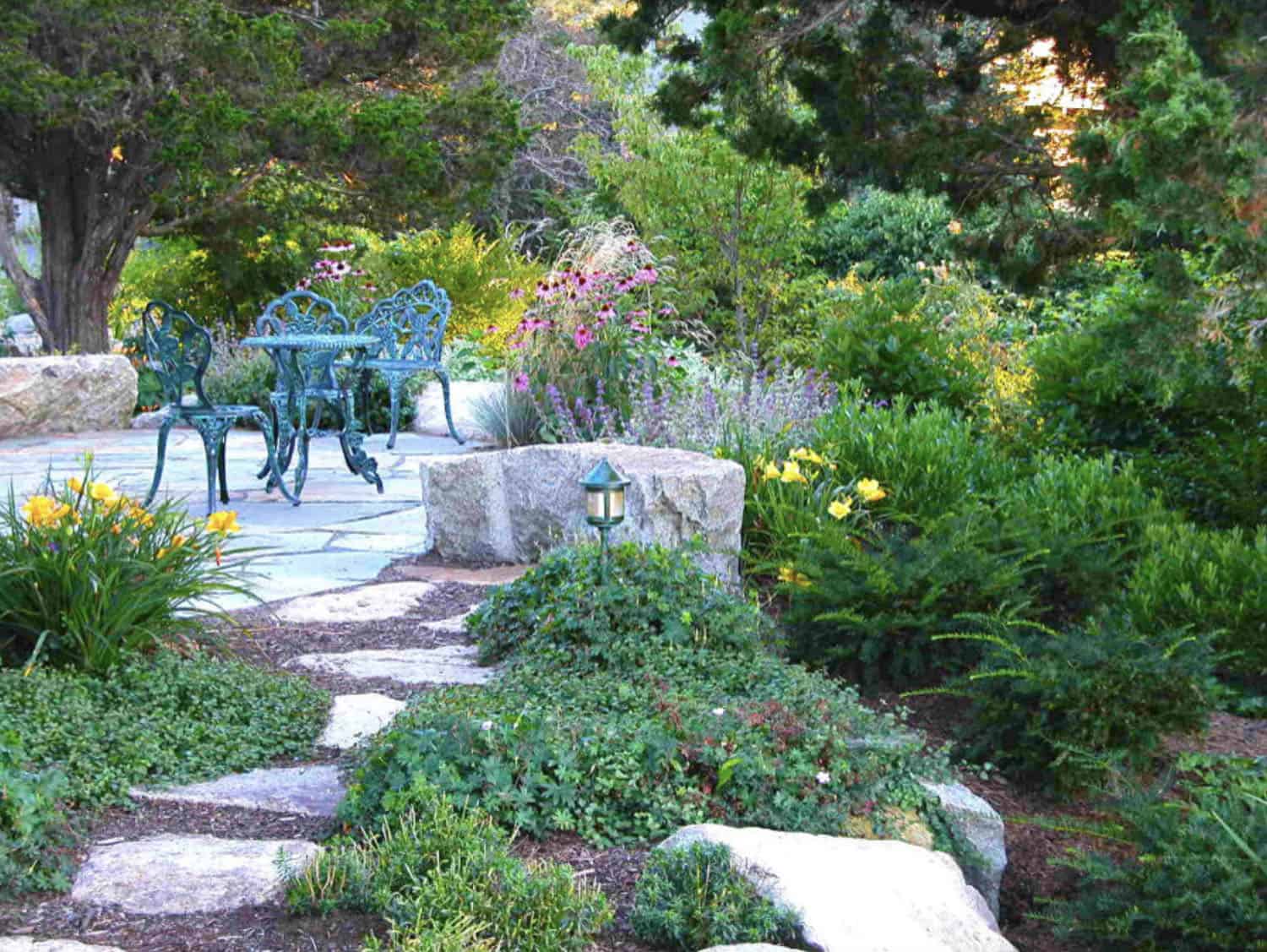 outdoor patio with a blue bistro set