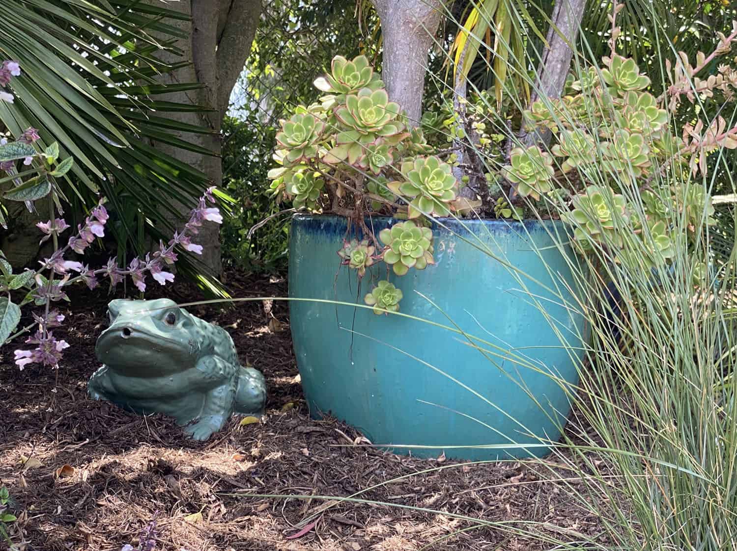 whimsical garden with a potted container and faux frog