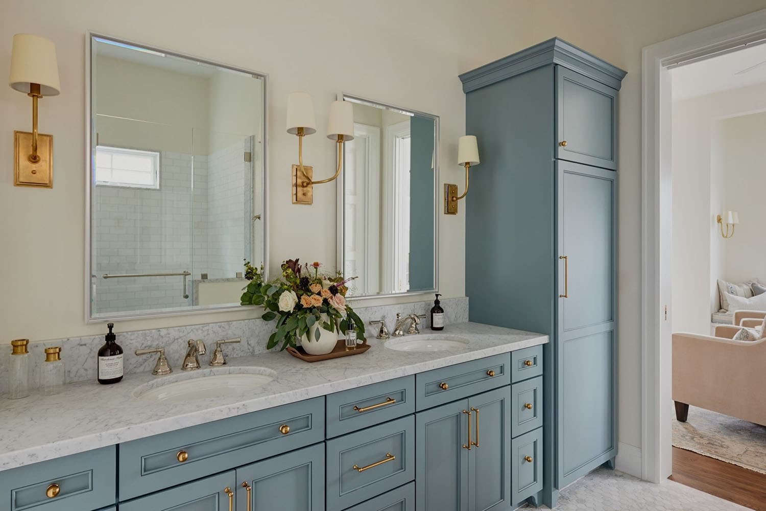 bathroom vanity with two mirrors