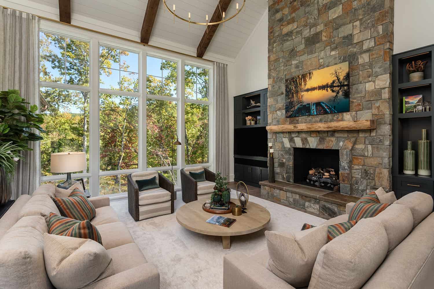 contemporary living room with a fireplace