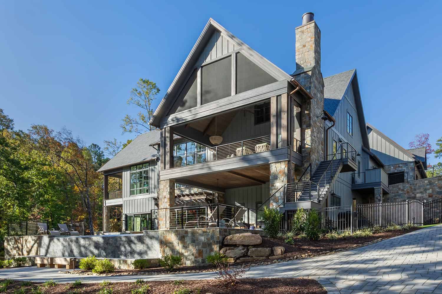 contemporary lake house exterior backyard view