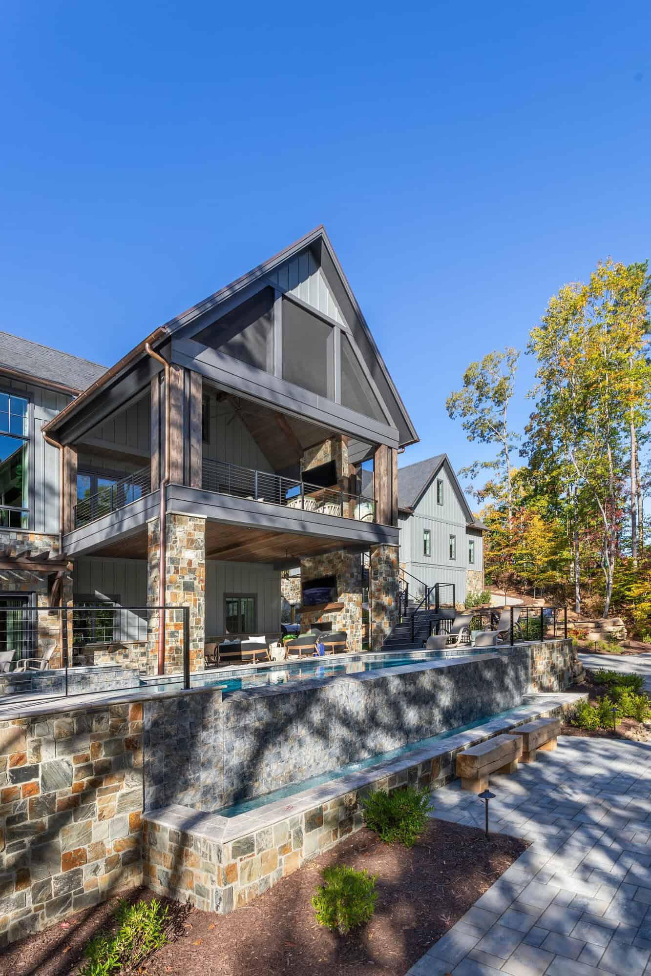 contemporary lake house exterior backyard view