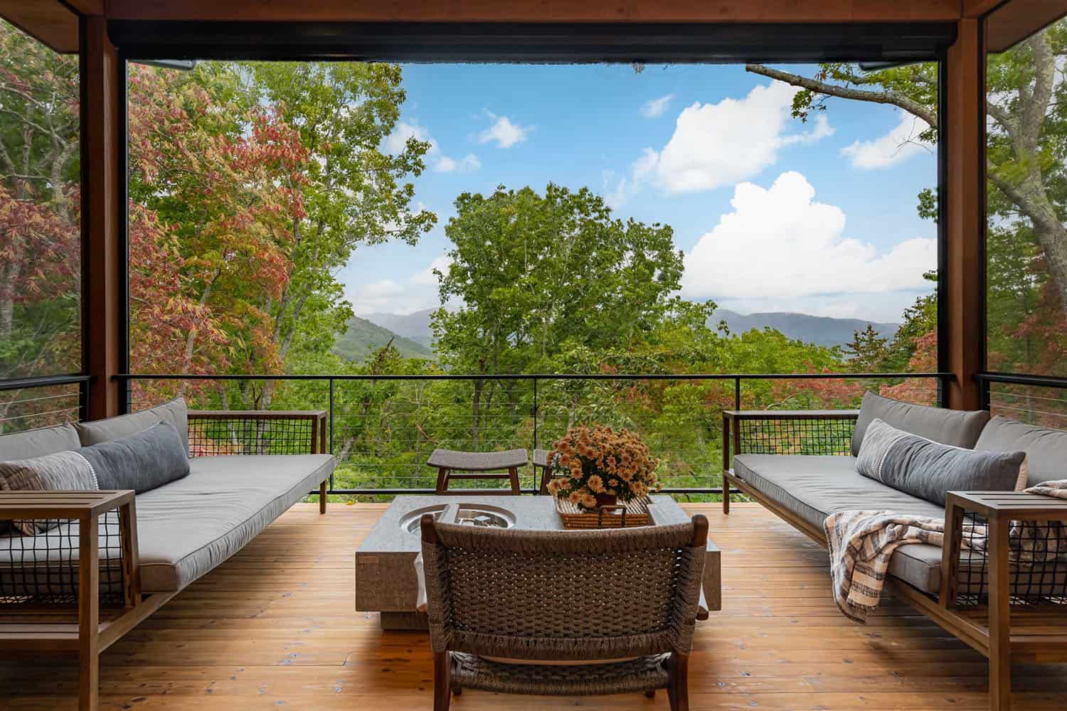 Contemporary screened porch with outdoor furniture