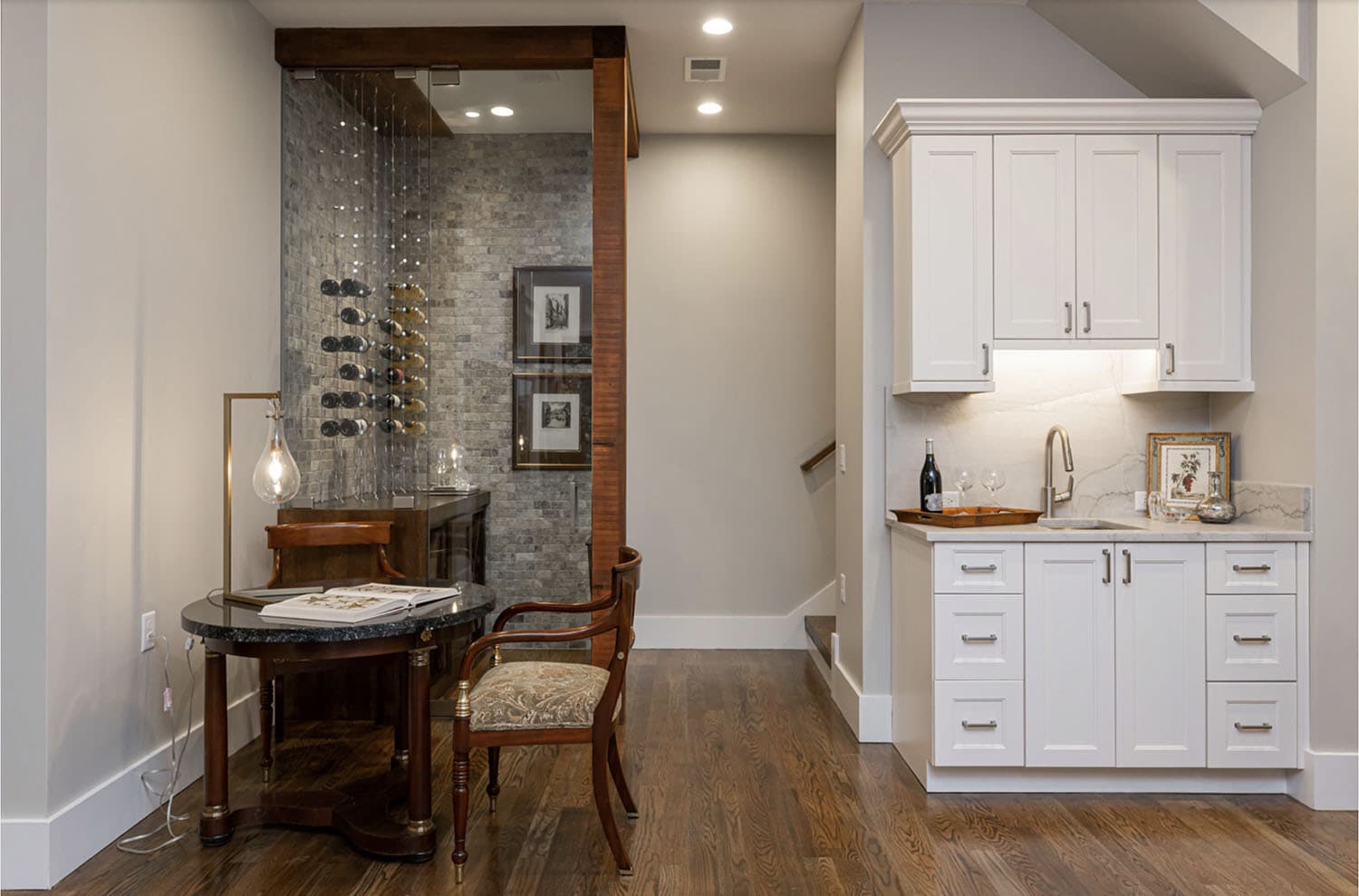 Contemporary wine cellar with a tasting table
