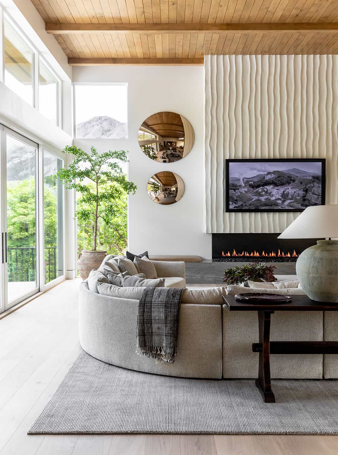 contemporary living room with a fireplace