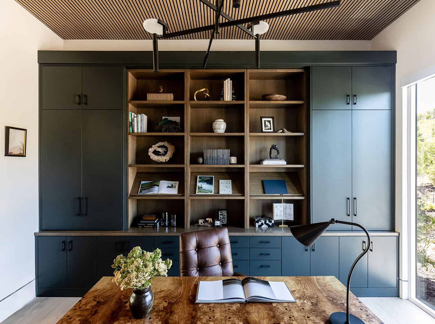 contemporary home office with built-in storage and display cabinets