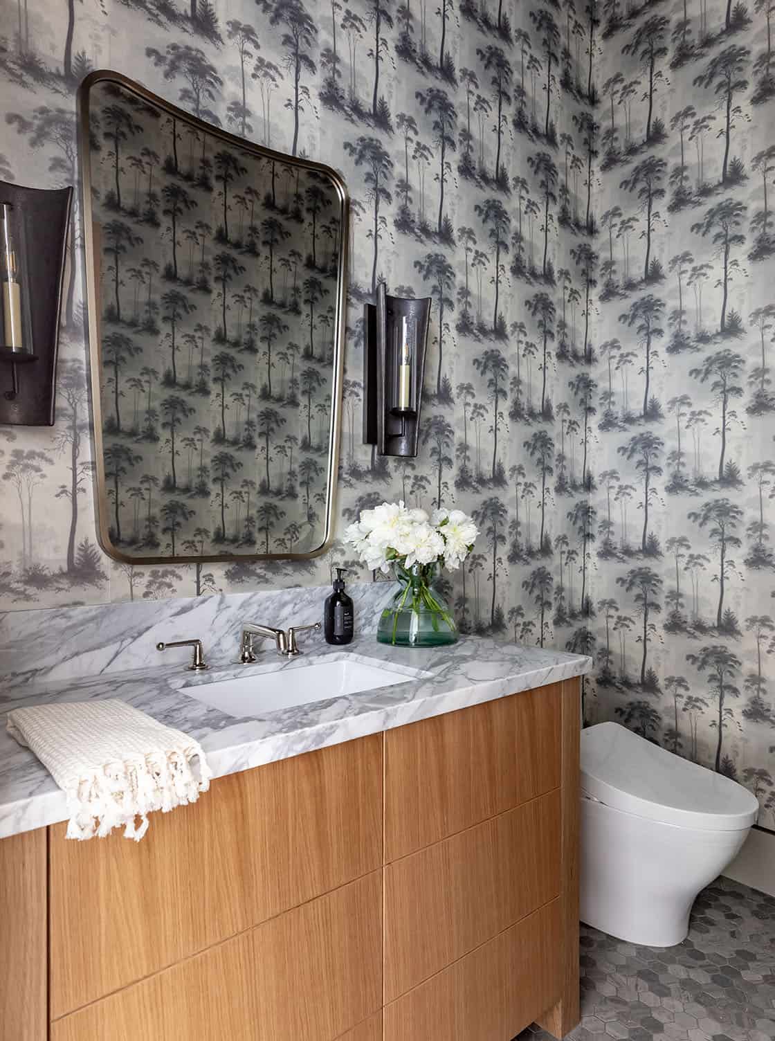 contemporary powder room with wallpaper