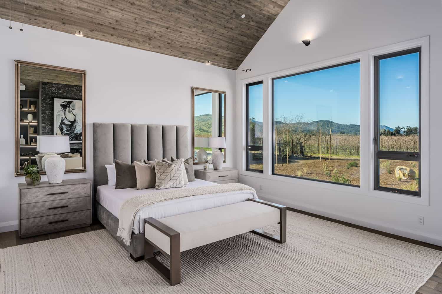 contemporary bedroom with large windows