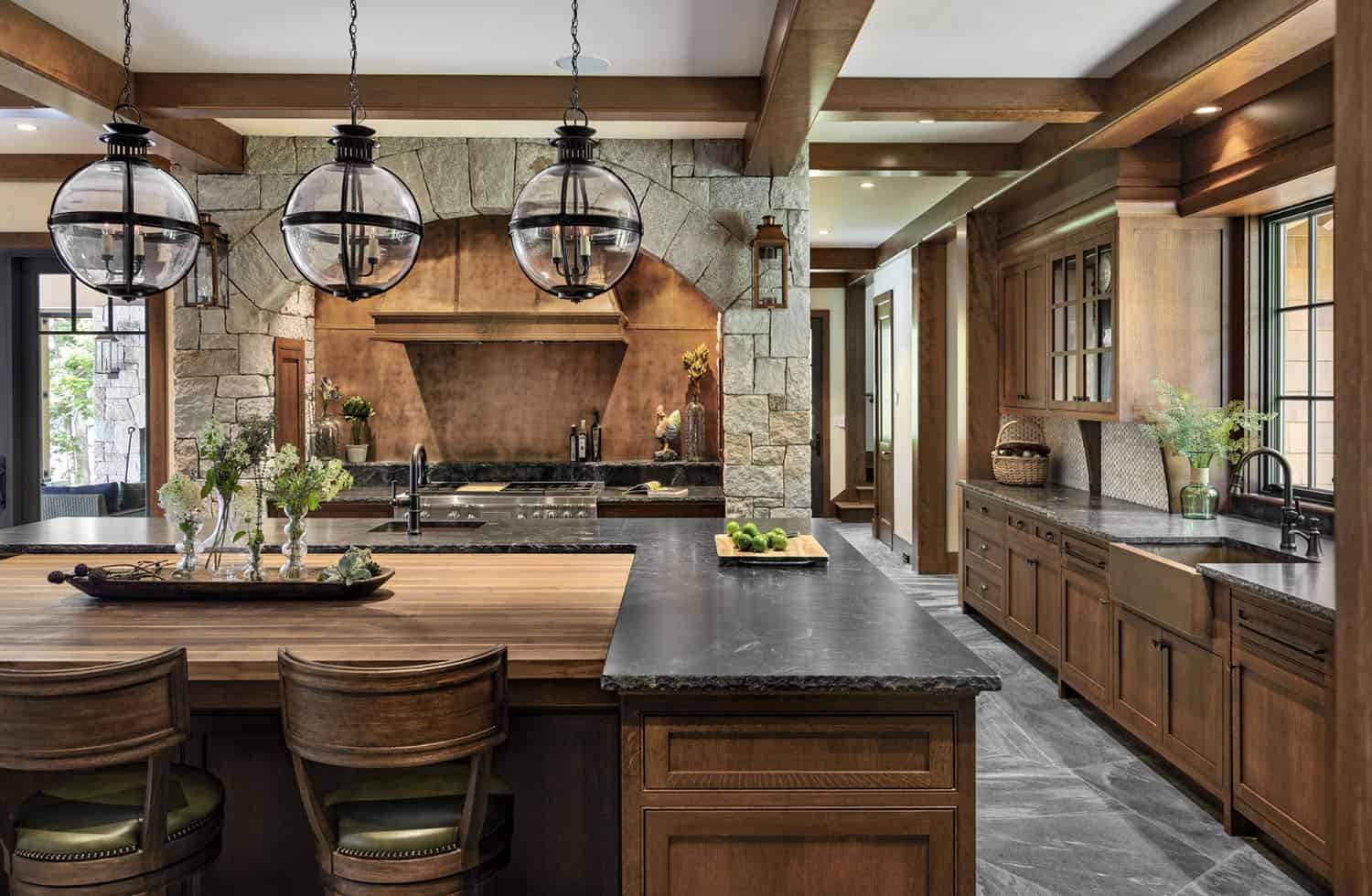 rustic kitchen with pendant lights