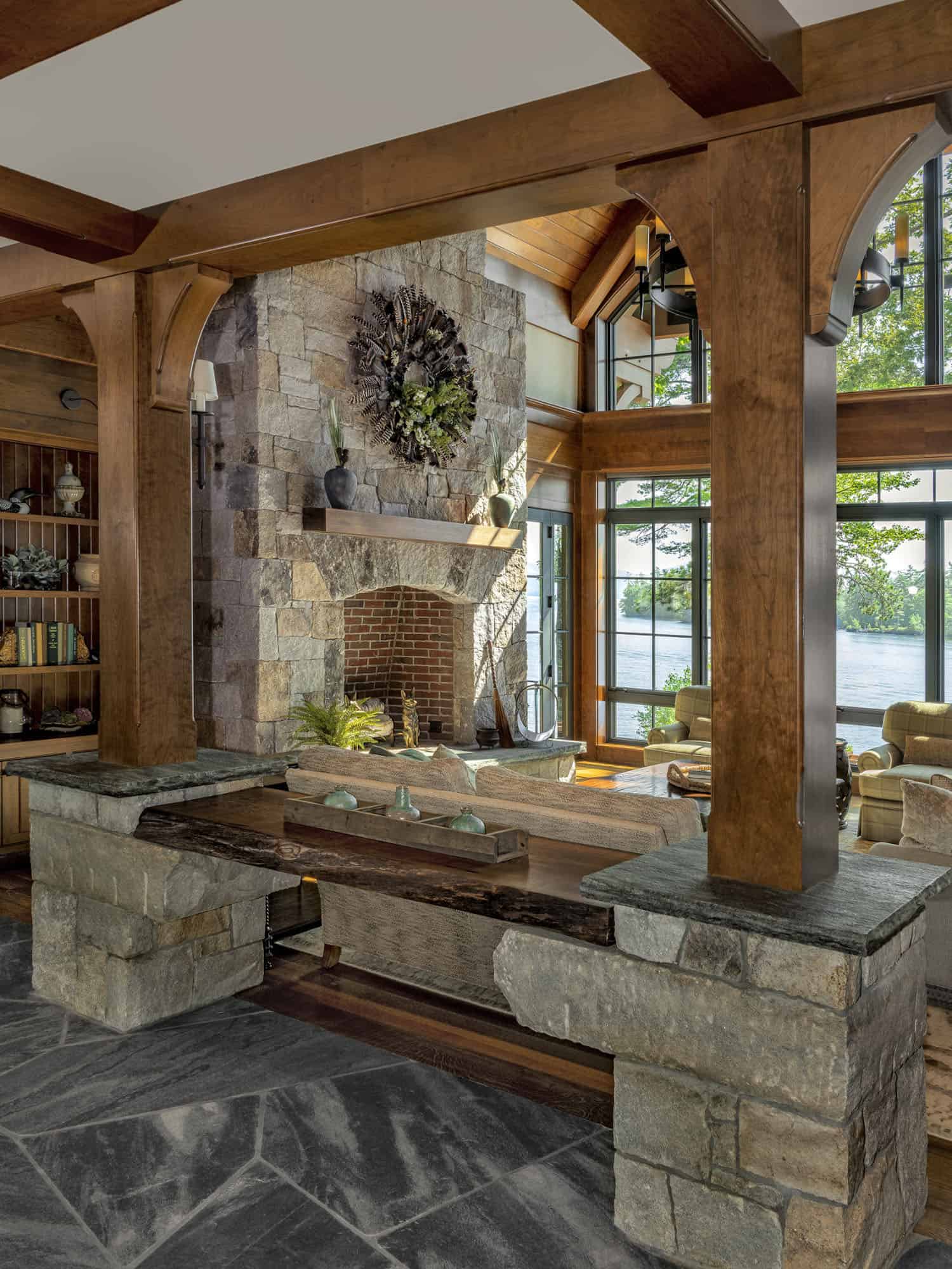 rustic lake house entry with a view to the living room