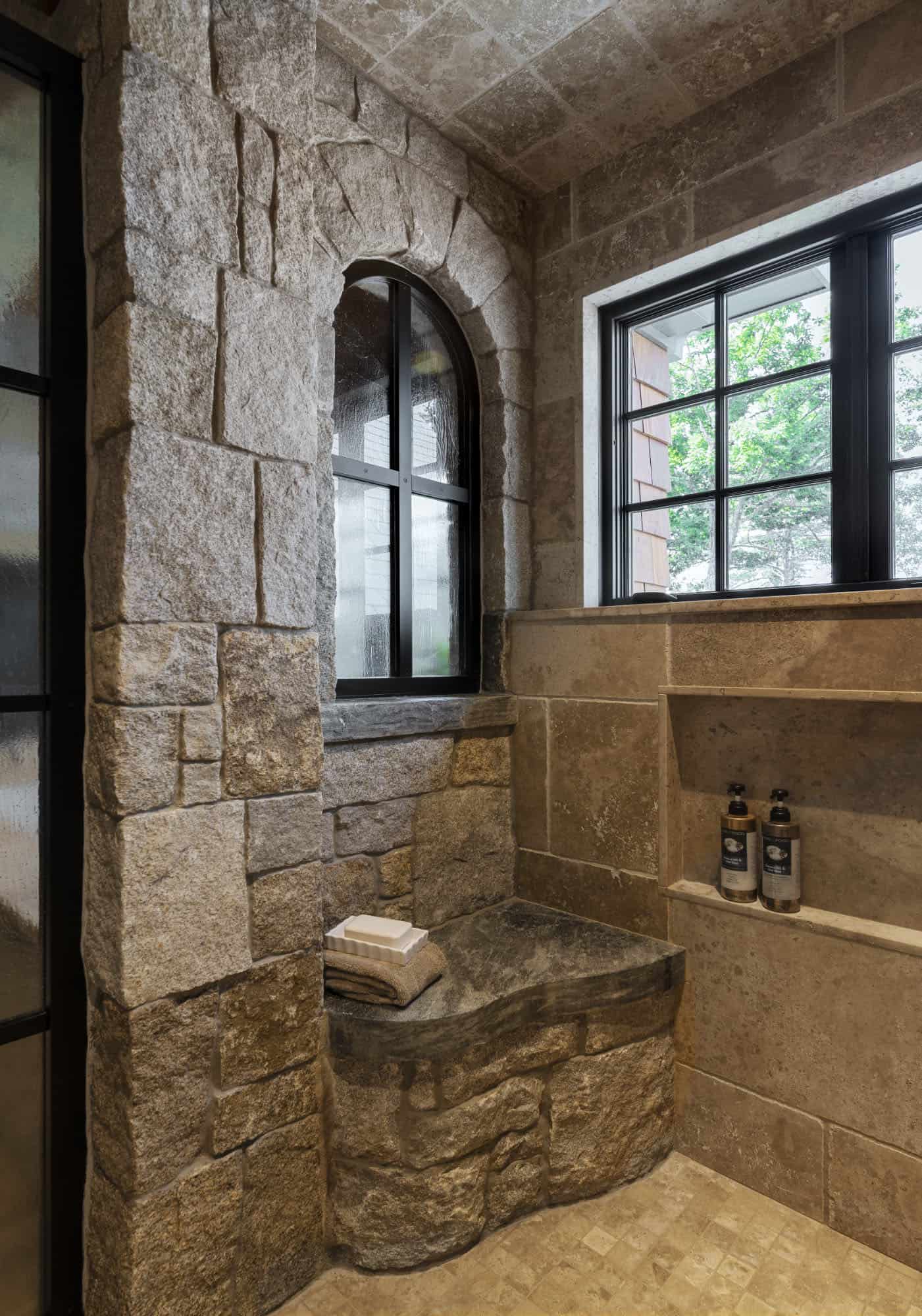 rustic bathroom shower with an integrated bench