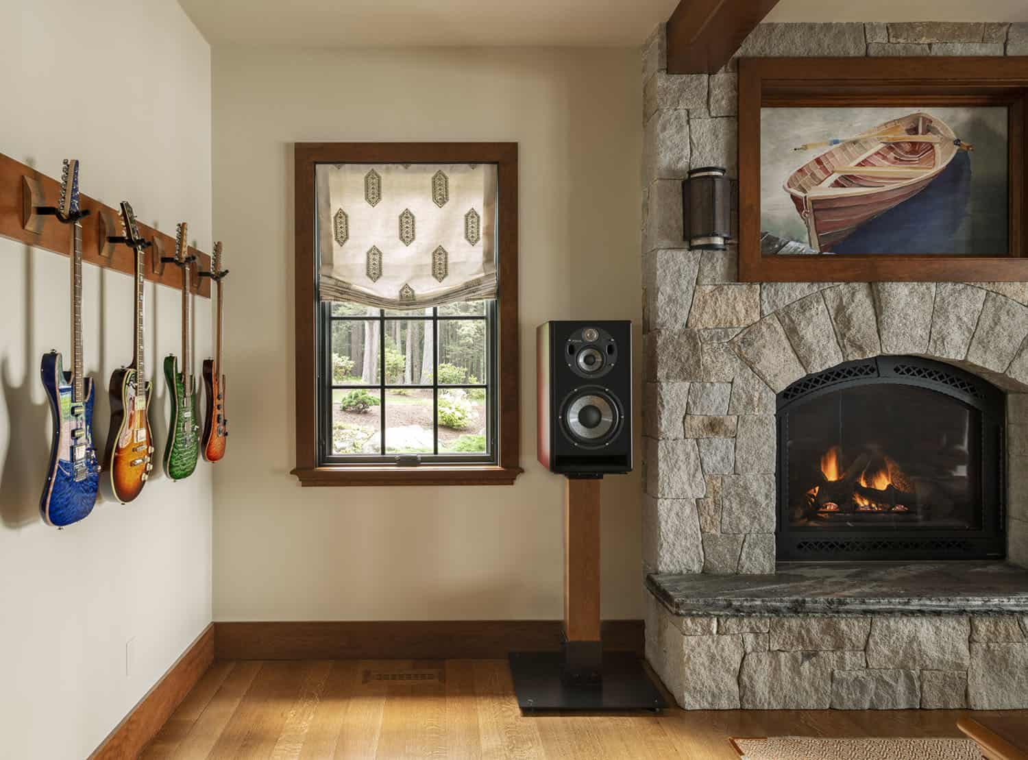 rustic home office with a fireplace