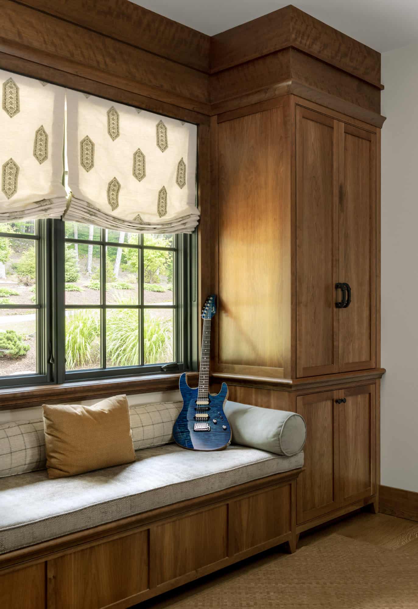 rustic home office with a built-in window seat