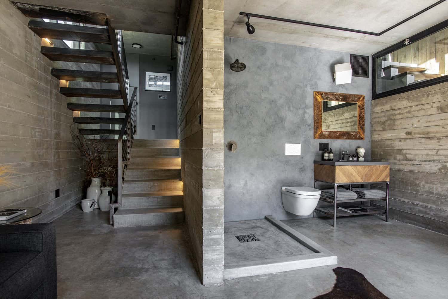 industrial style lower-level bathroom
