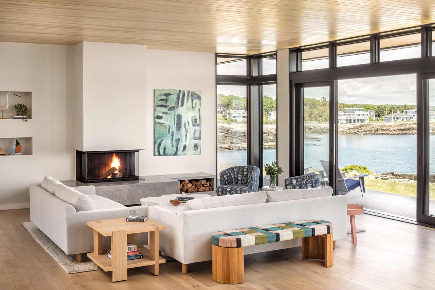 modern japandi-inspired living room with a fireplace