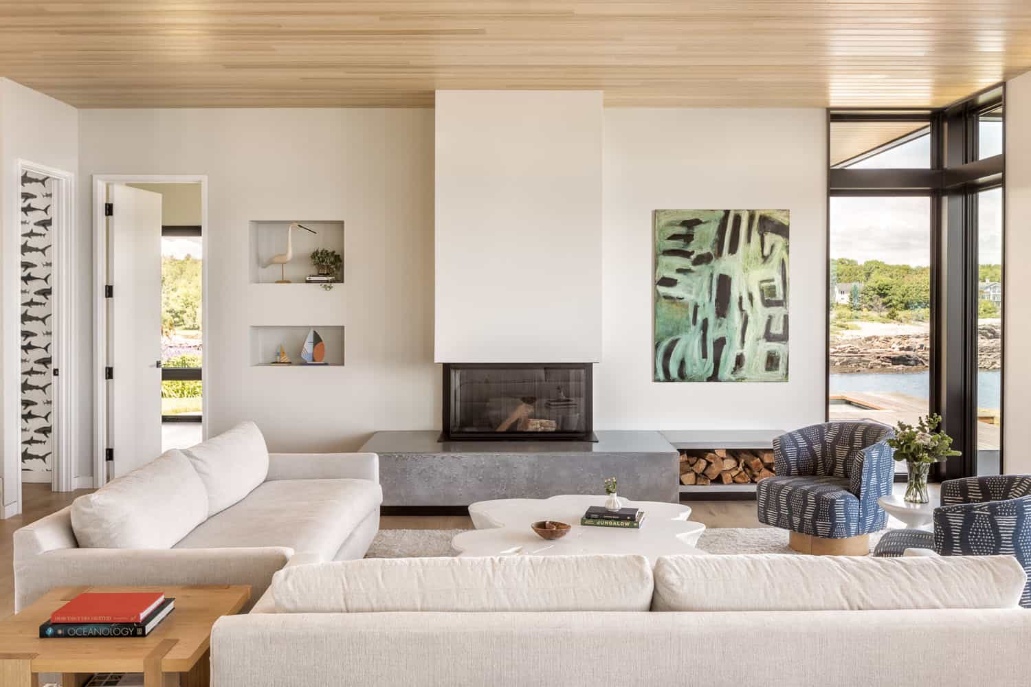 modern japandi-inspired living room with a fireplace