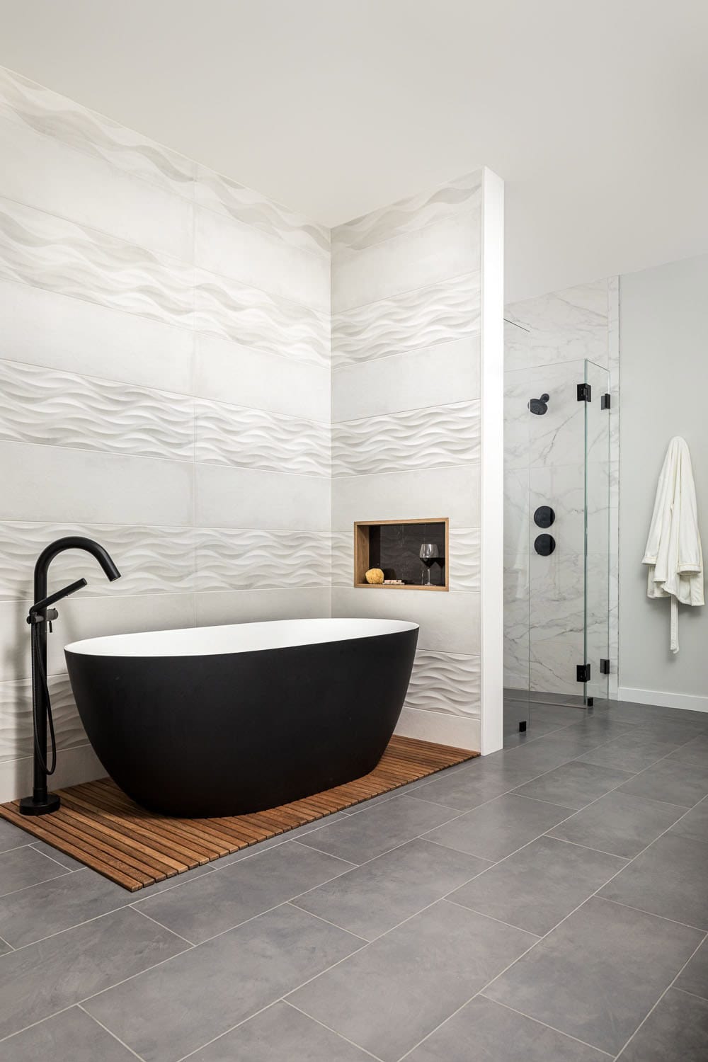 modern japandi-inspired bathrom with a soaking tub