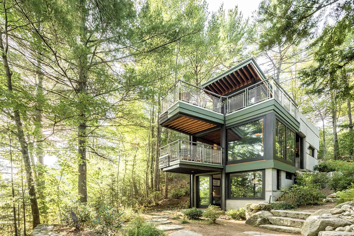lake house exterior with cantilever decks