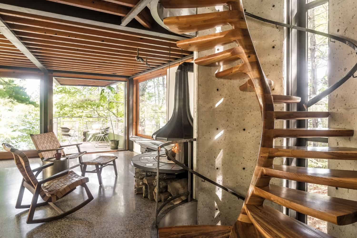 modern living room with a spiral wood staircase