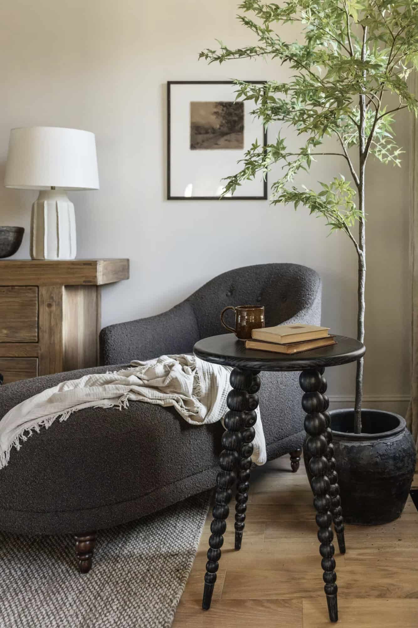 rustic modern style bedroom with a chaise lounge
