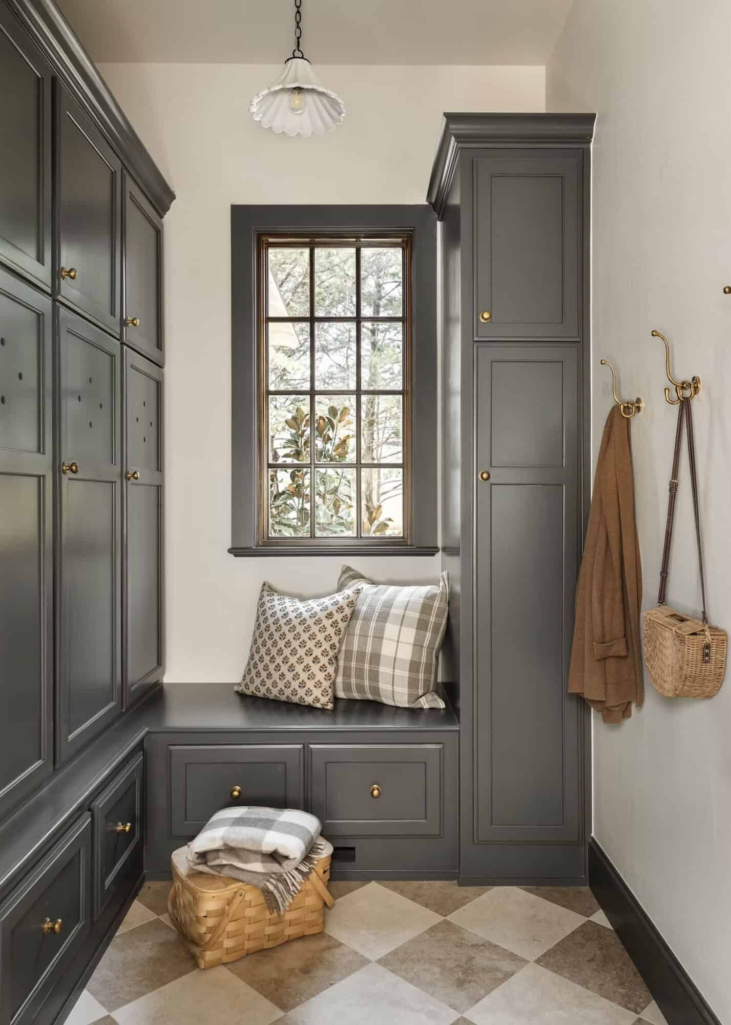 rustic modern style mudroom with built-in cabinets