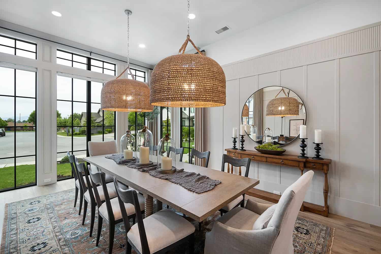 modern dining room with large pendant lights