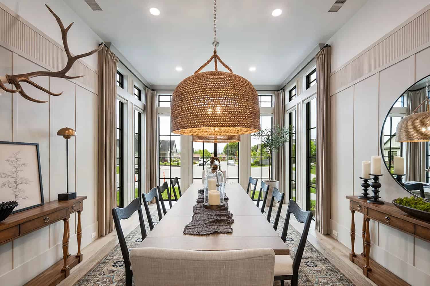 modern dining room with large pendant lights