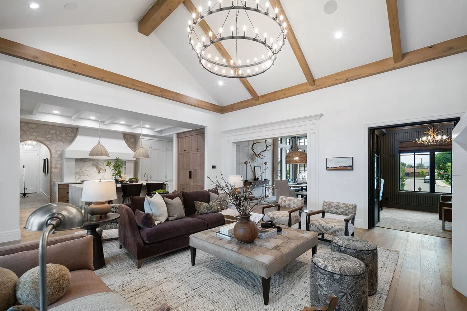 modern living room with a large chandelier