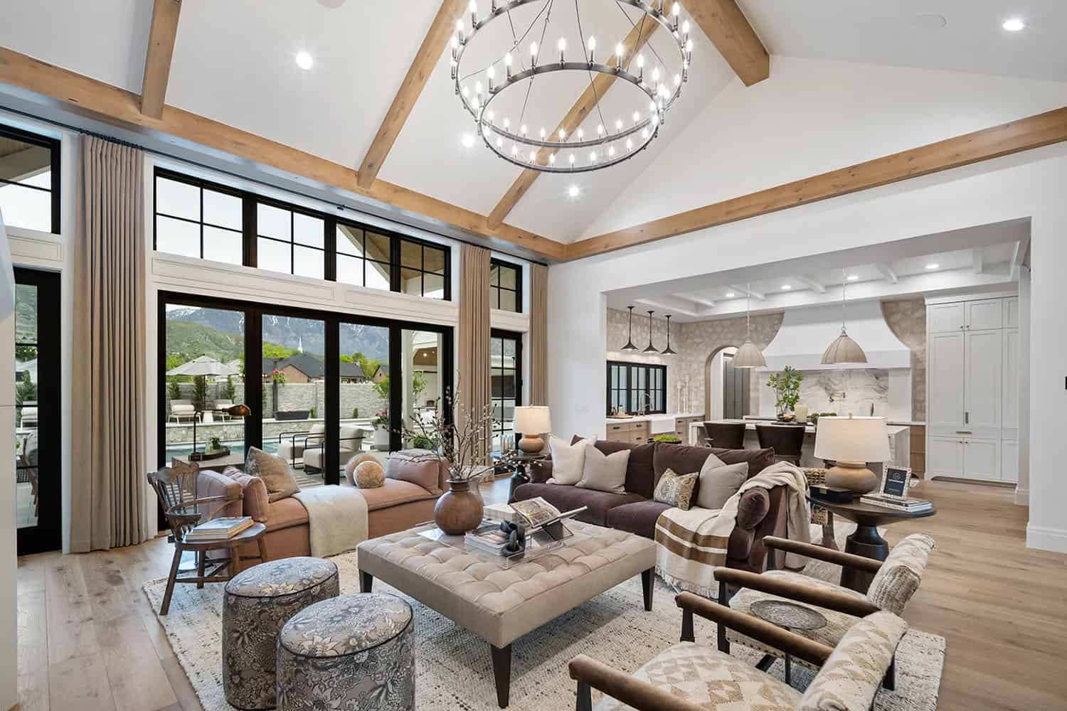 modern living room with a large chandelier