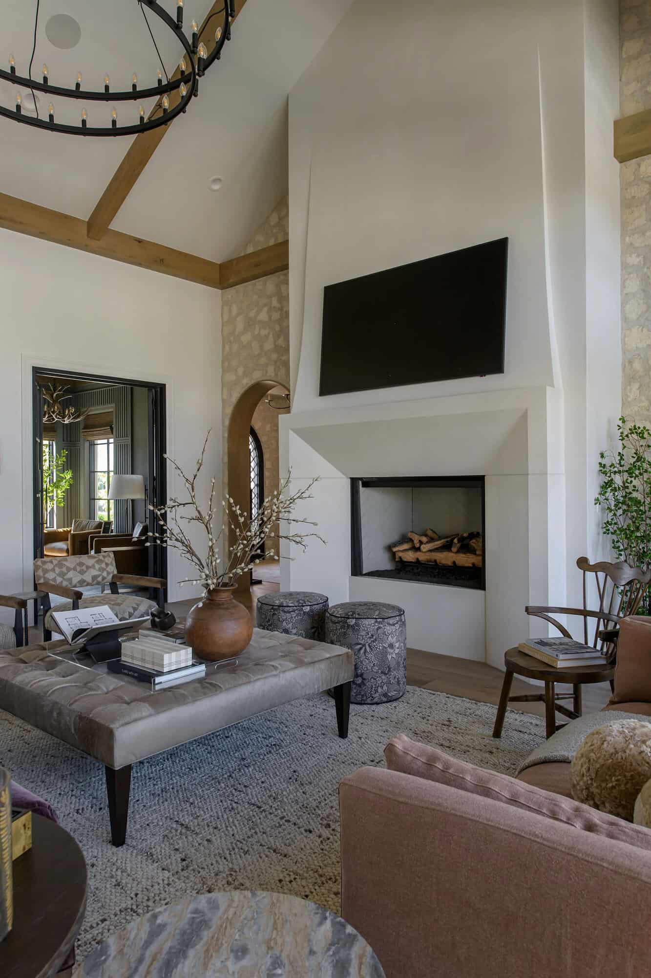 modern living room with a fireplace