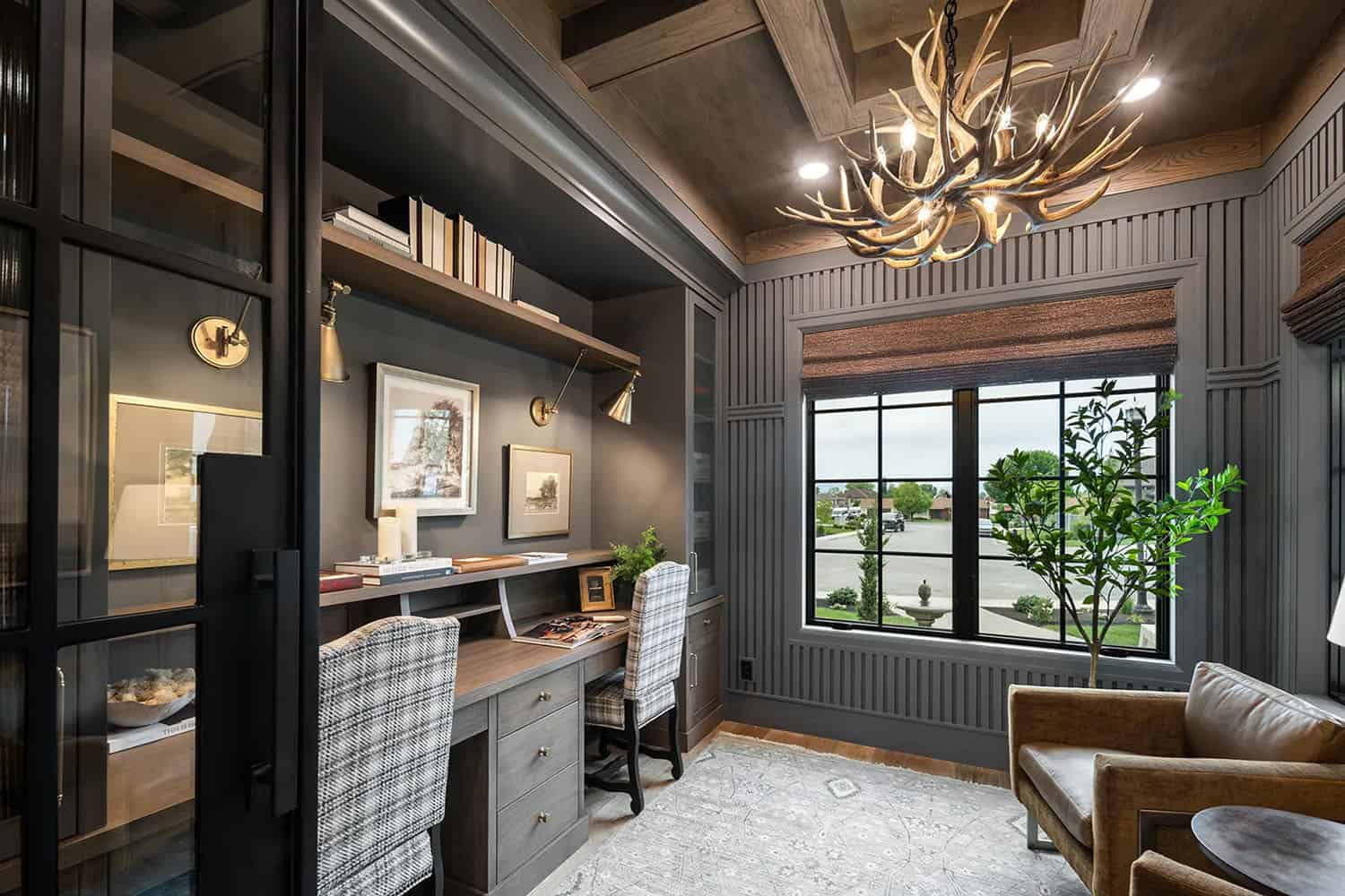 modern home office with green cabinets