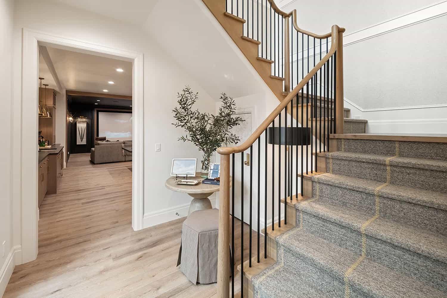 modern staircase with a carpet runner