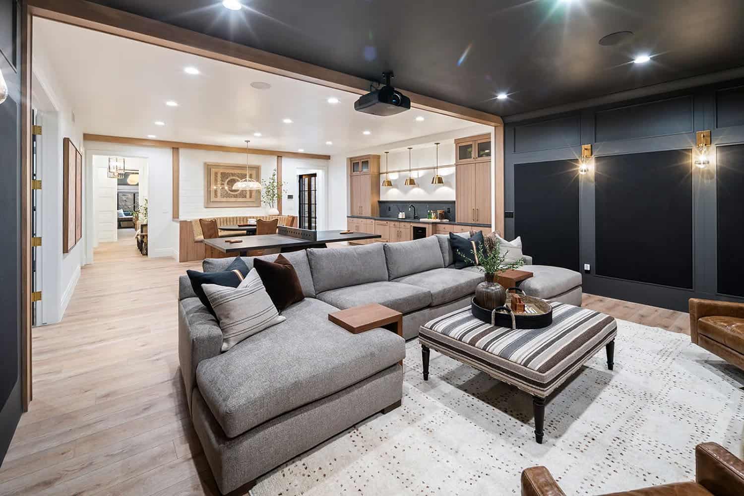 modern movie room with dark walls