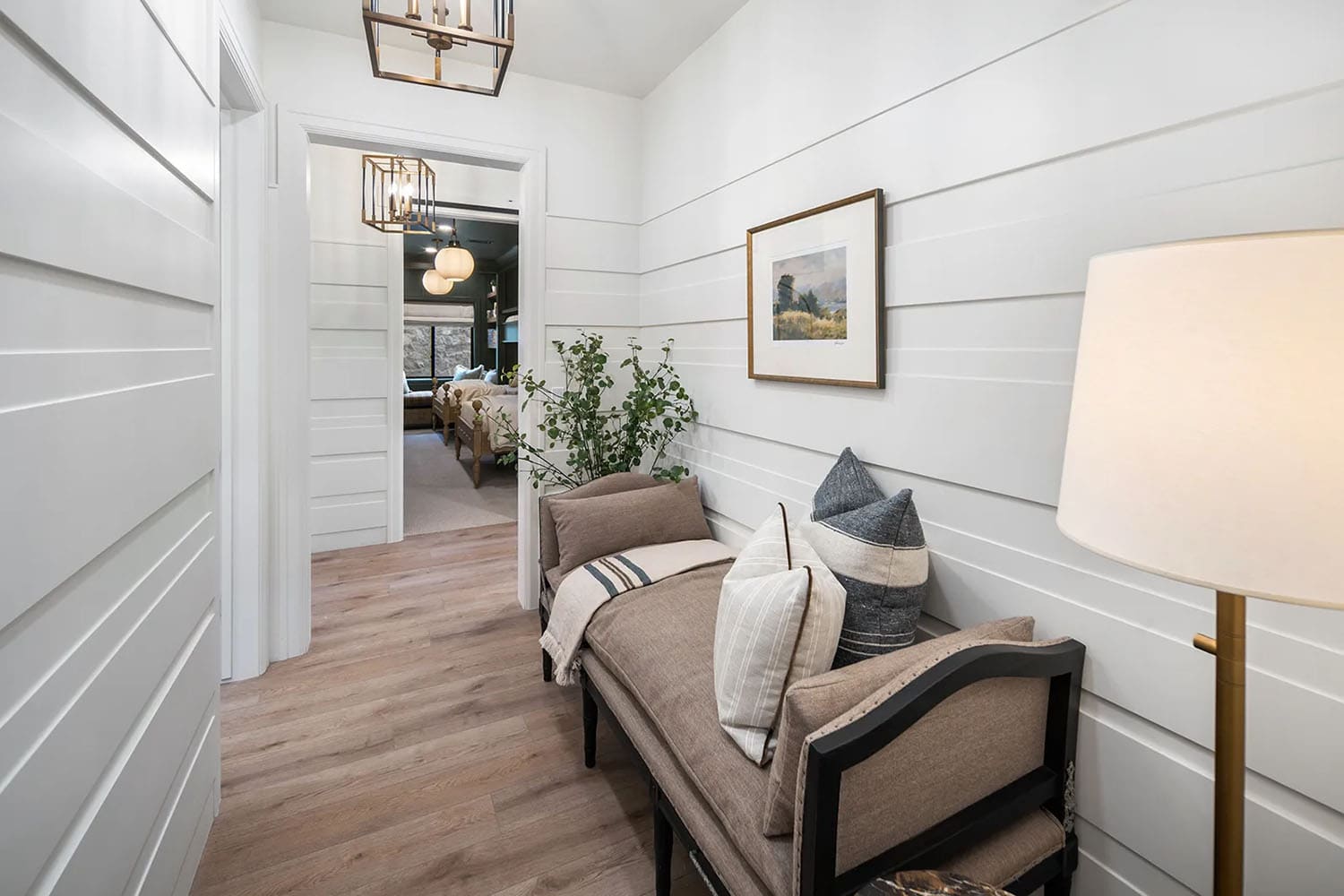 modern hallway with a bench