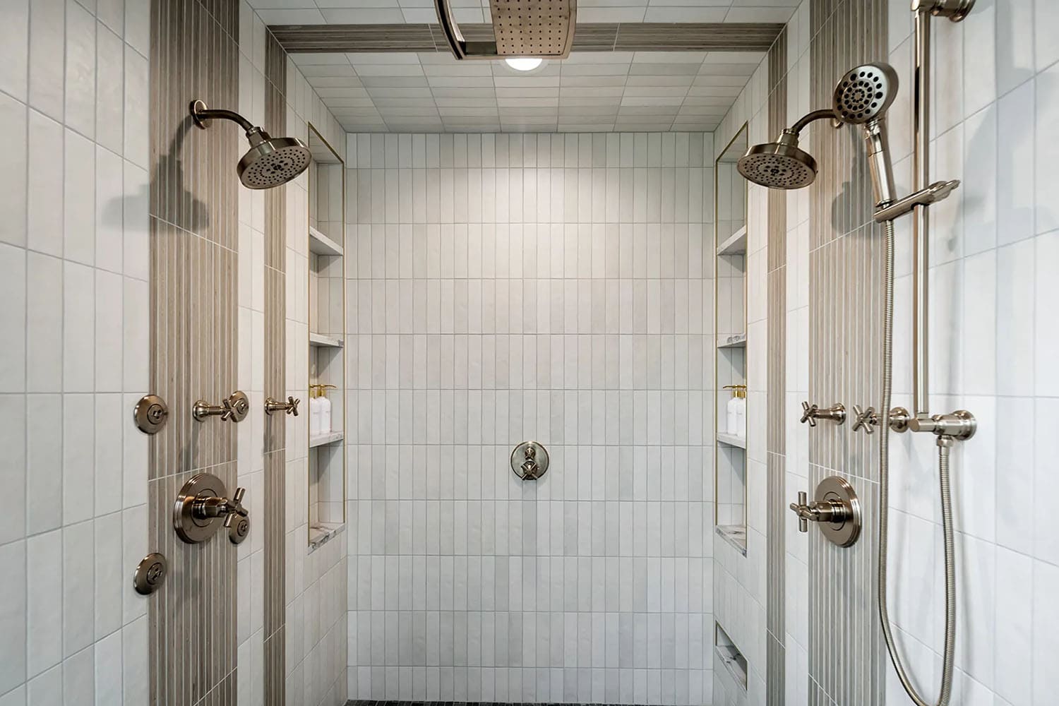 modern bathroom shower with white tiles