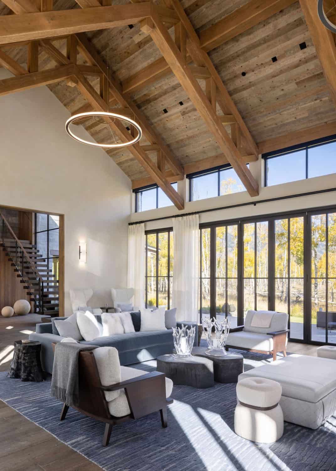 contemporary living room with a vaulted ceiling