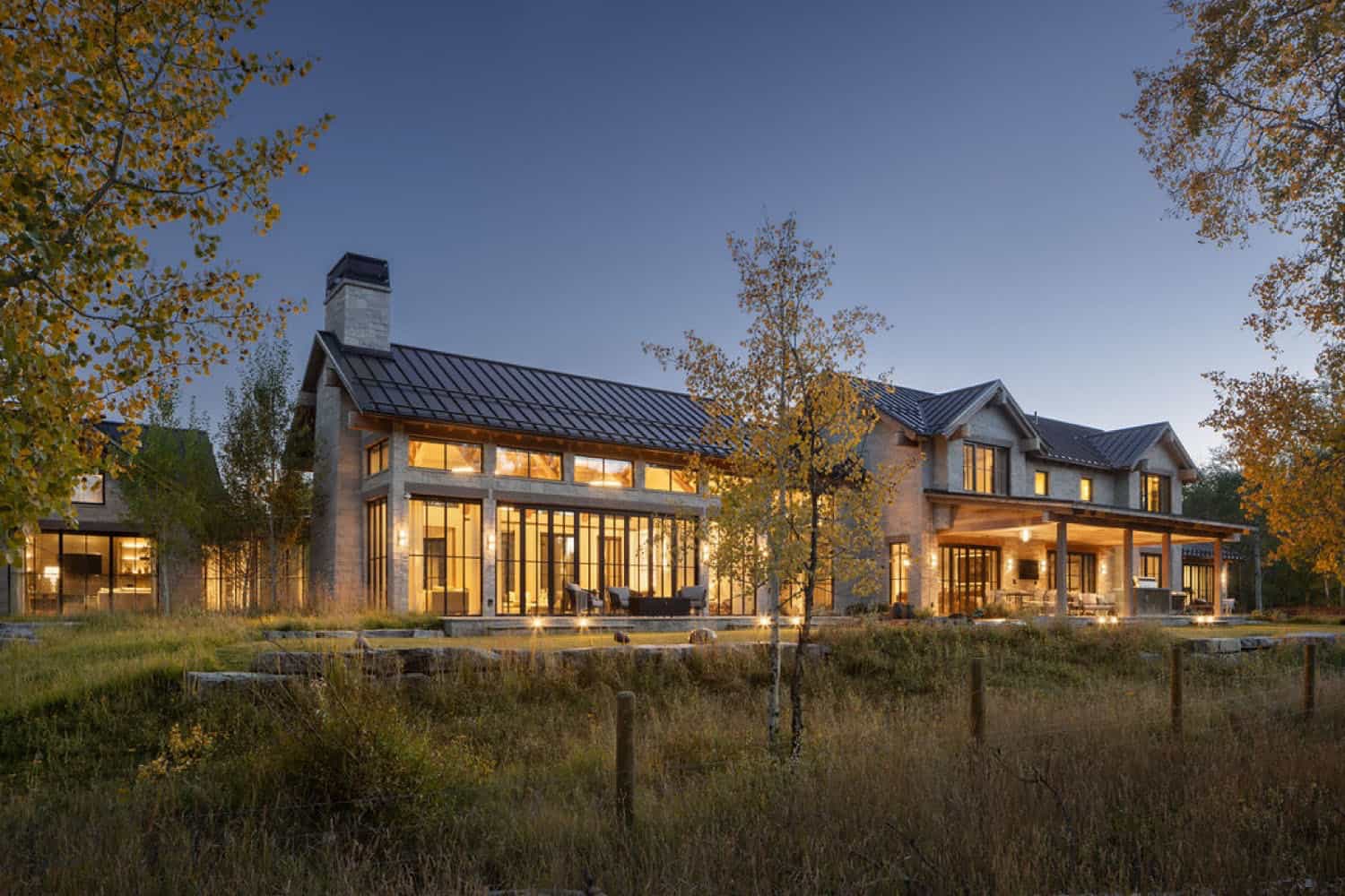 mountain home exterior at dusk