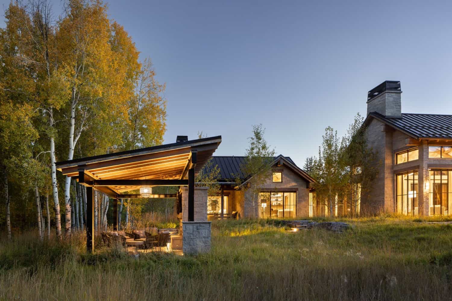 mountain home exterior at dusk