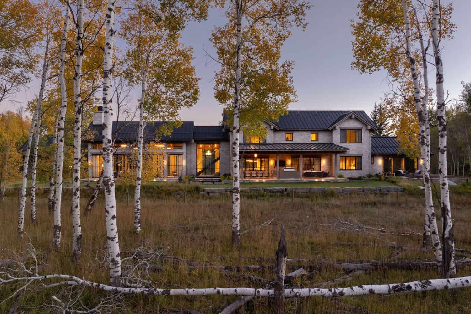 mountain home exterior at dusk