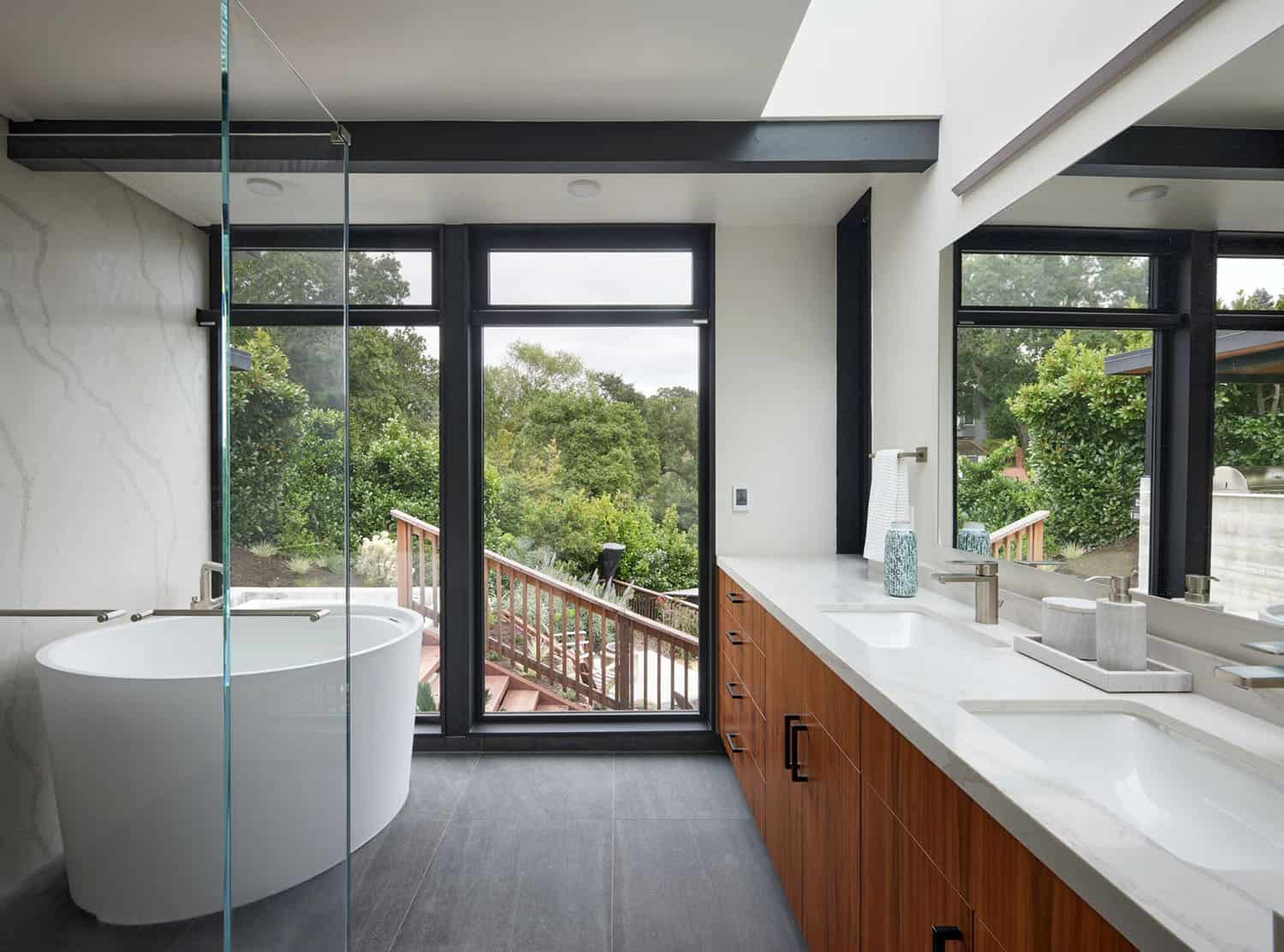 midcentury modern bathroom with a freestanding tub