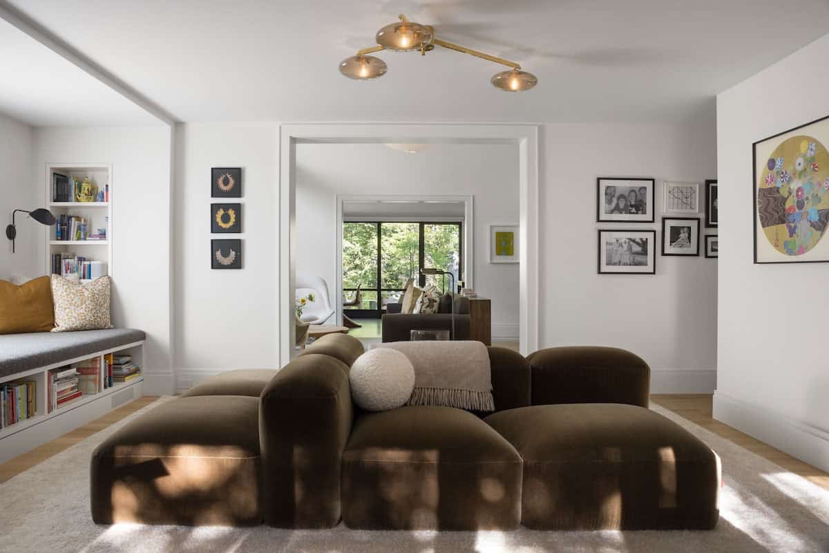 modern family room with a built-in window seat