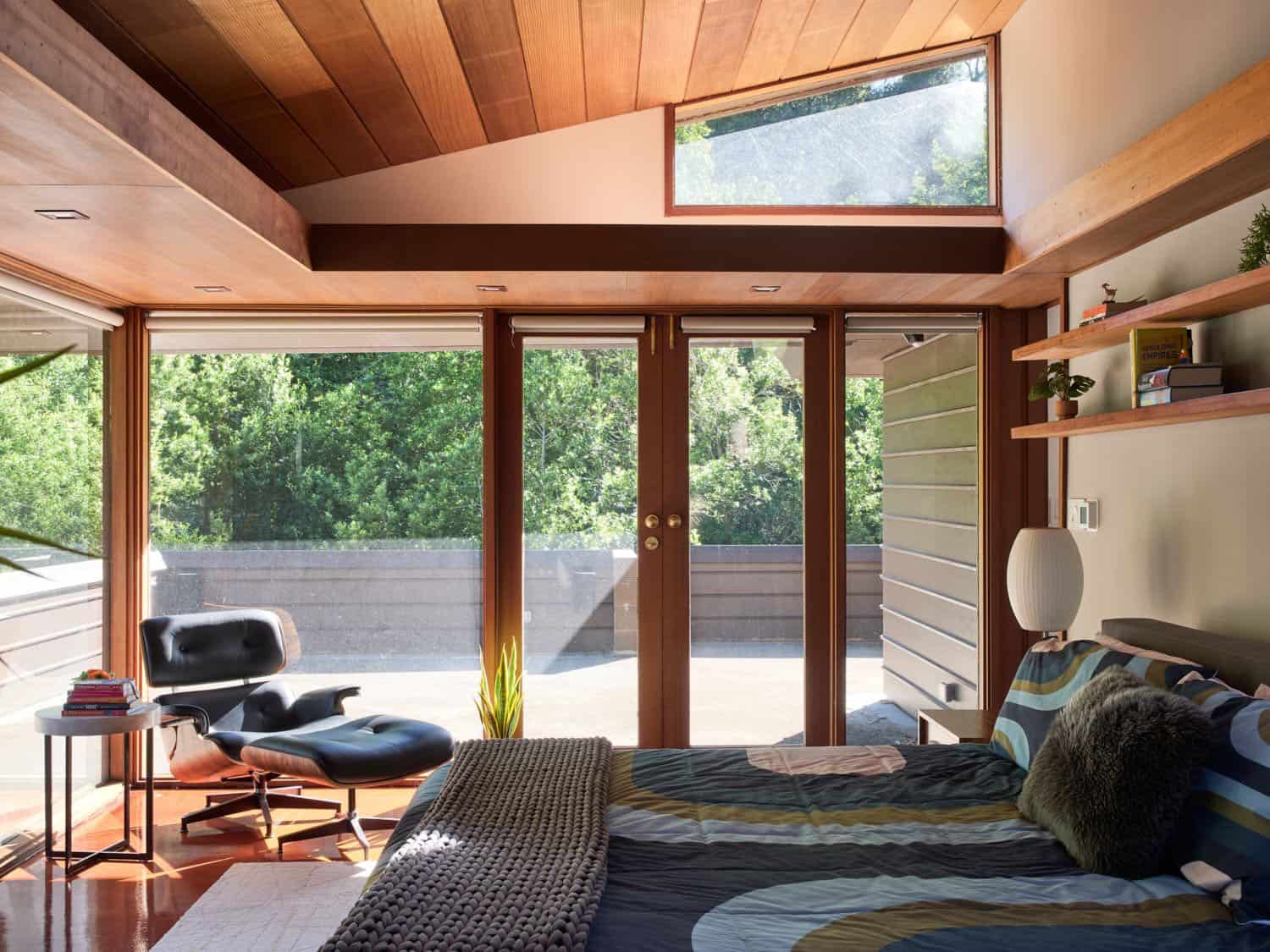 midcentury modern bedroom with sliding glass doors
