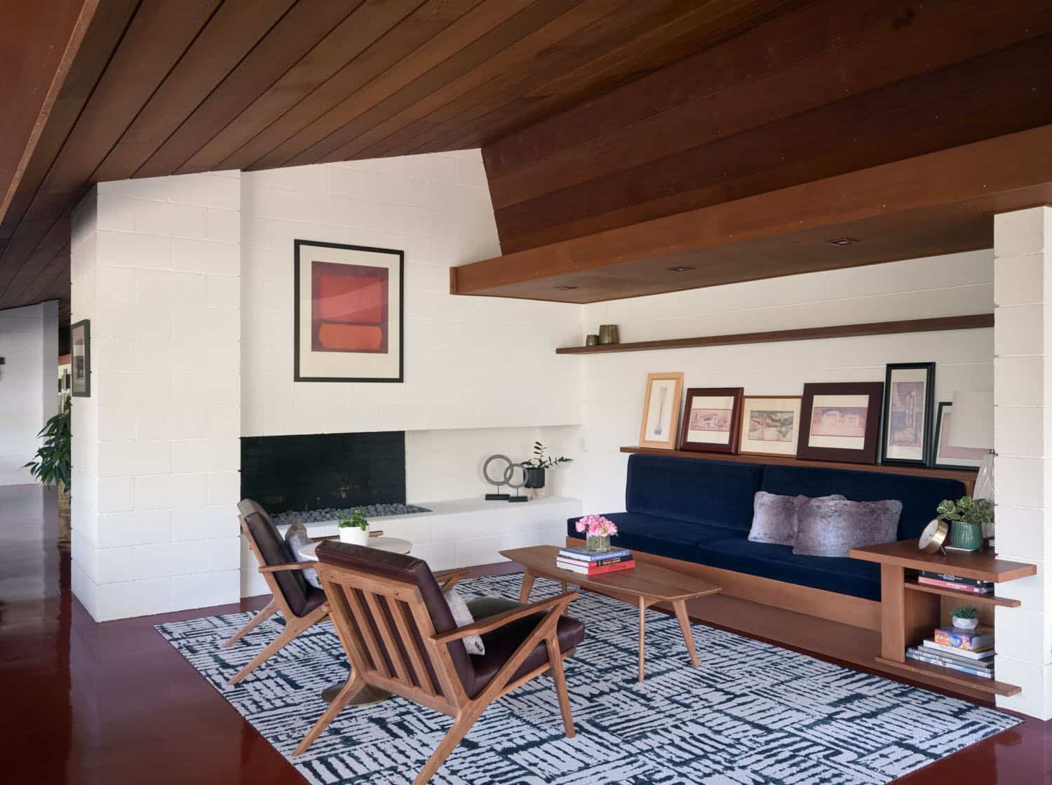 midcentury modern living room with a fireplace