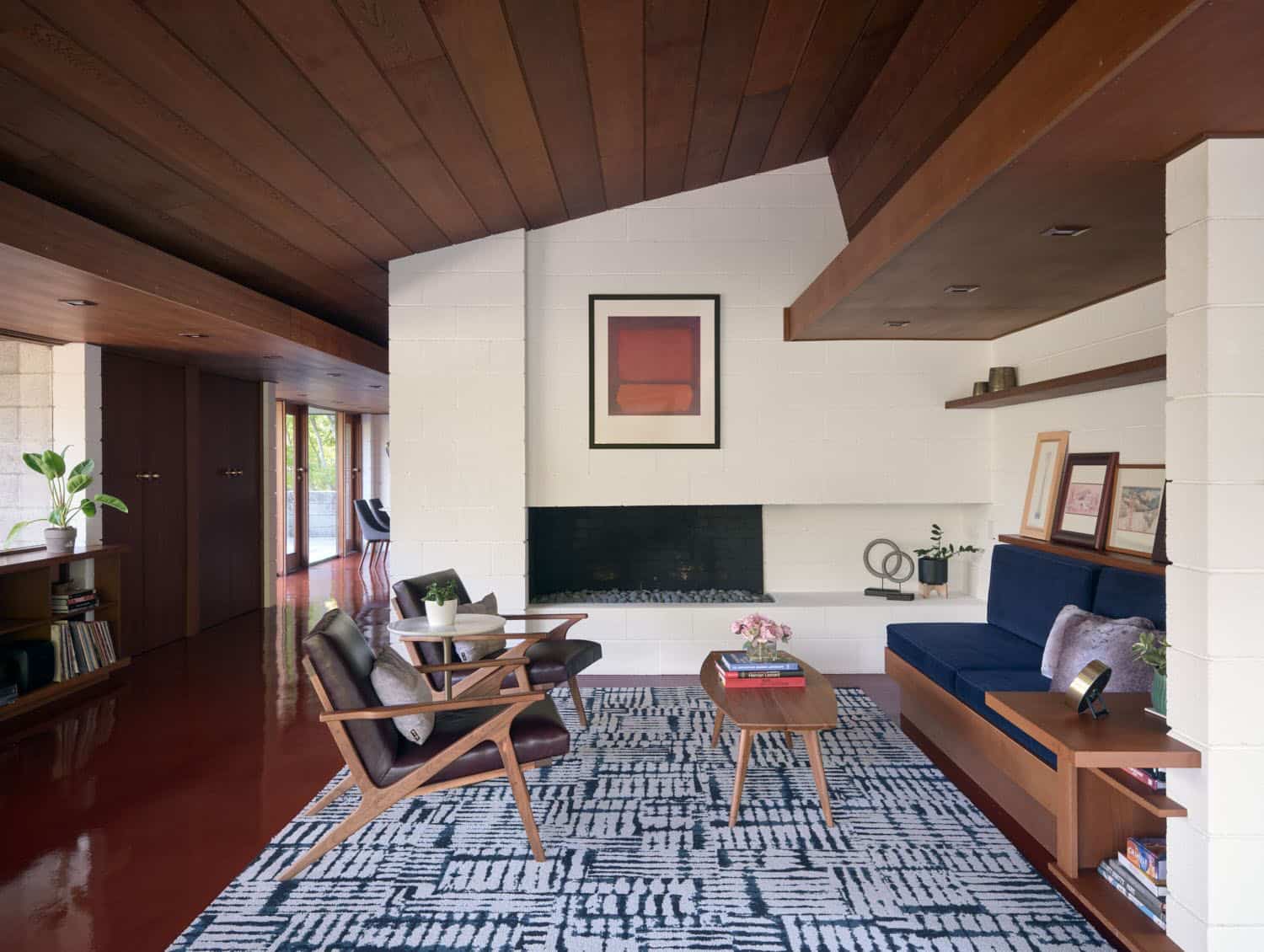 midcentury modern living room with a fireplace