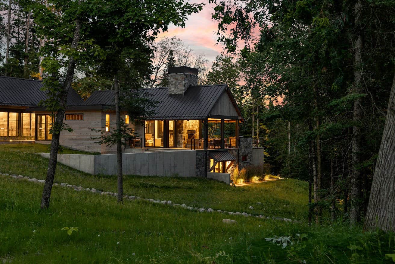 modern cabin exterior at dusk