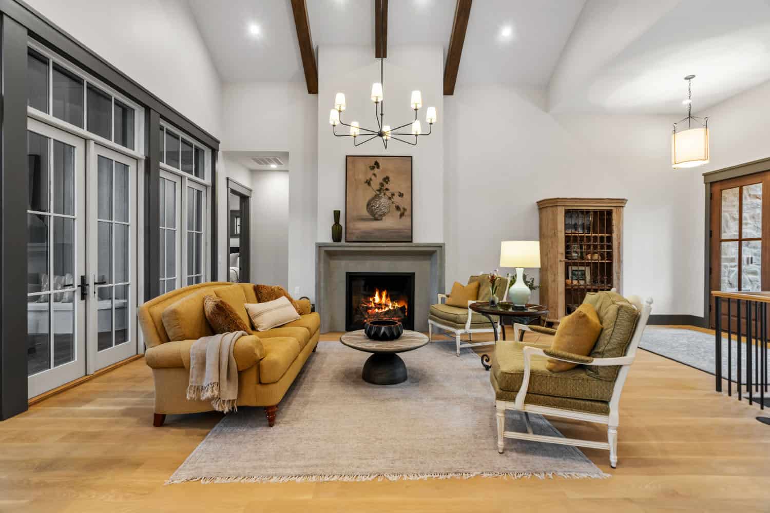A living room with a fireplace