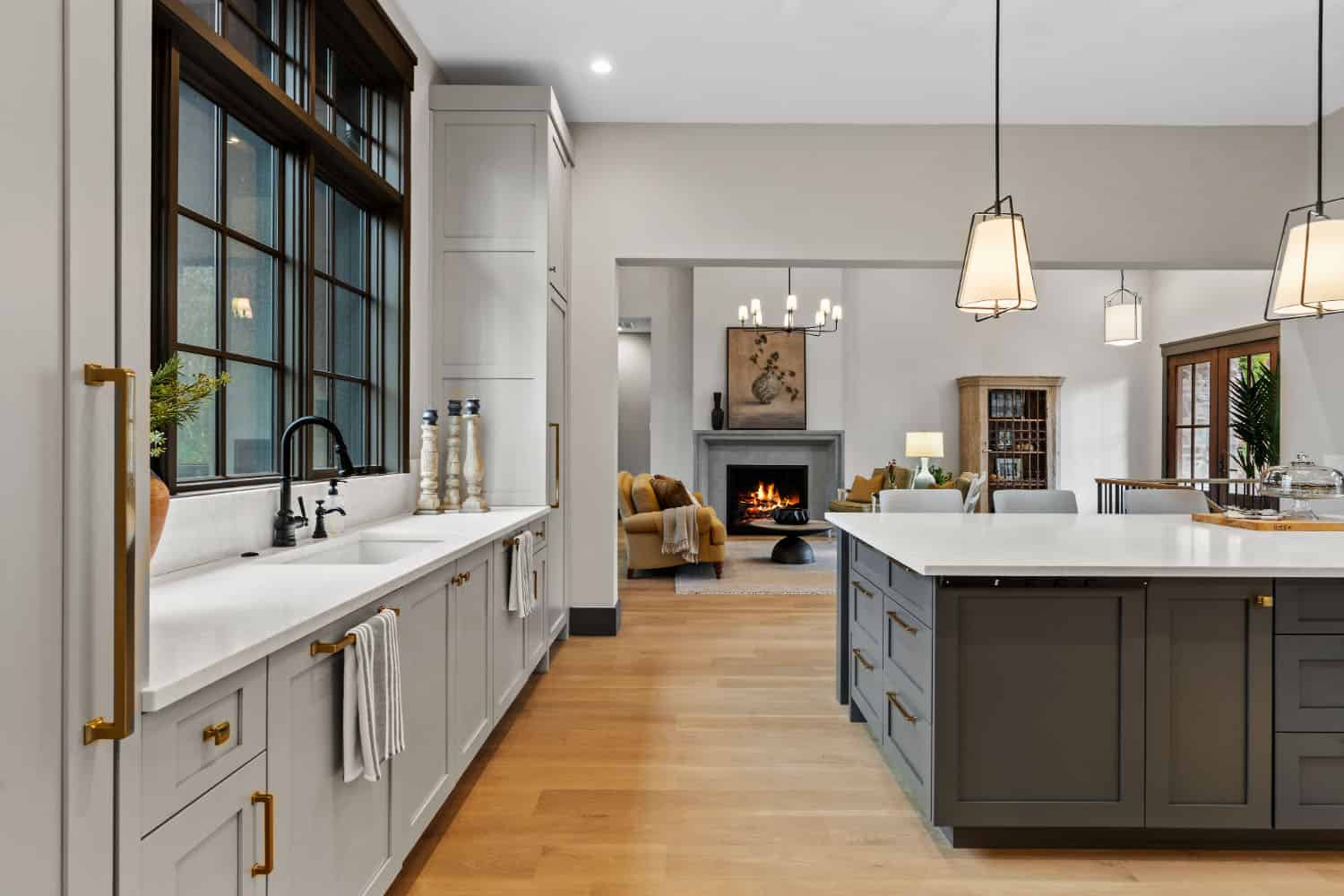 modern kitchen with a view of the living room
